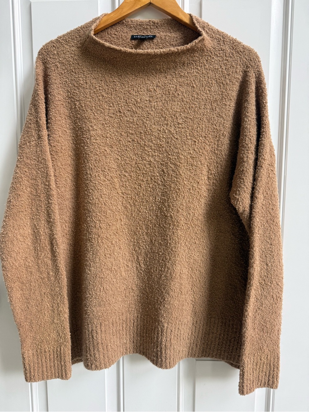 Eileen Fisher Shaggy Boucle Knit Sweater Brown Organic Cotton Blend Oversized
